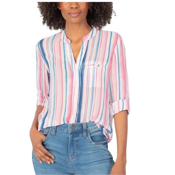 NWT KUT from the Kloth Kut Pink, Blue & White Stripe "Jasmine" Blouse - SIZE S - Picture 3 of 9